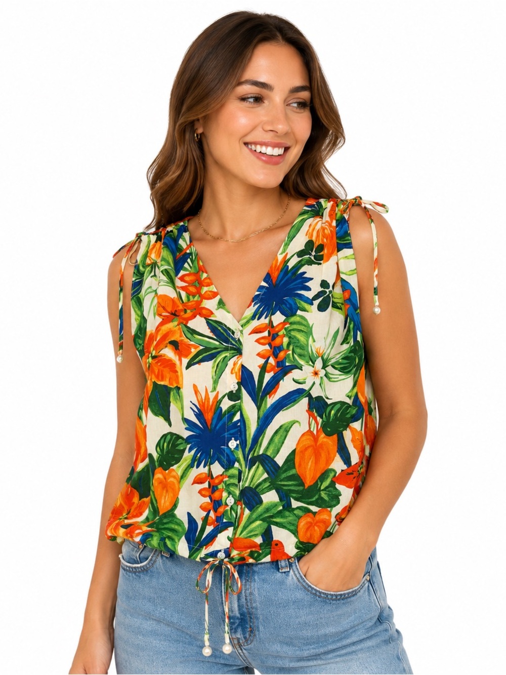 Marc New York Tropical Resort Tie Strap Blouse Size Medium NWT
